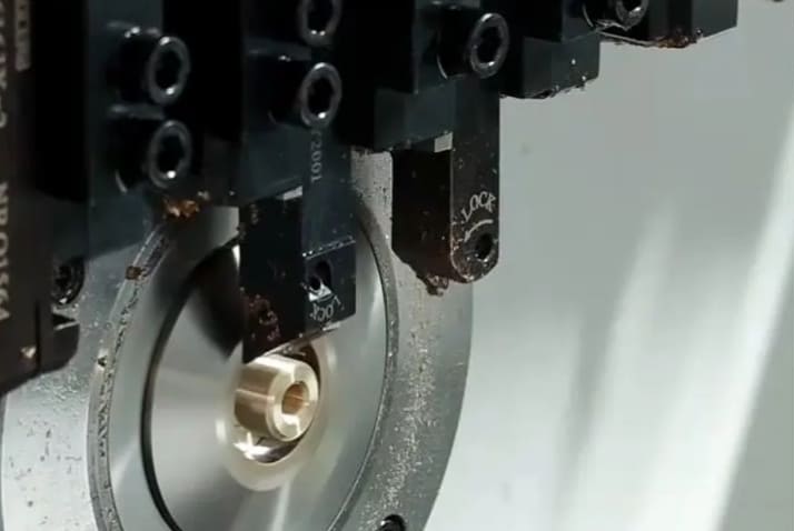 Close-up of the interior of a Swiss-type lathe equipment