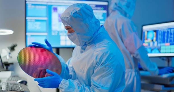 male technician in sterile coverall holds wafer in semiconductor manufacturing plant