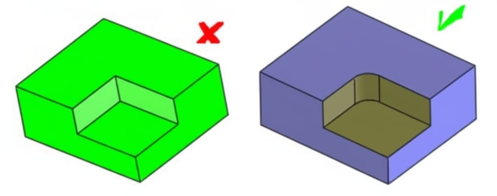 Parts without sharp internal corners compared